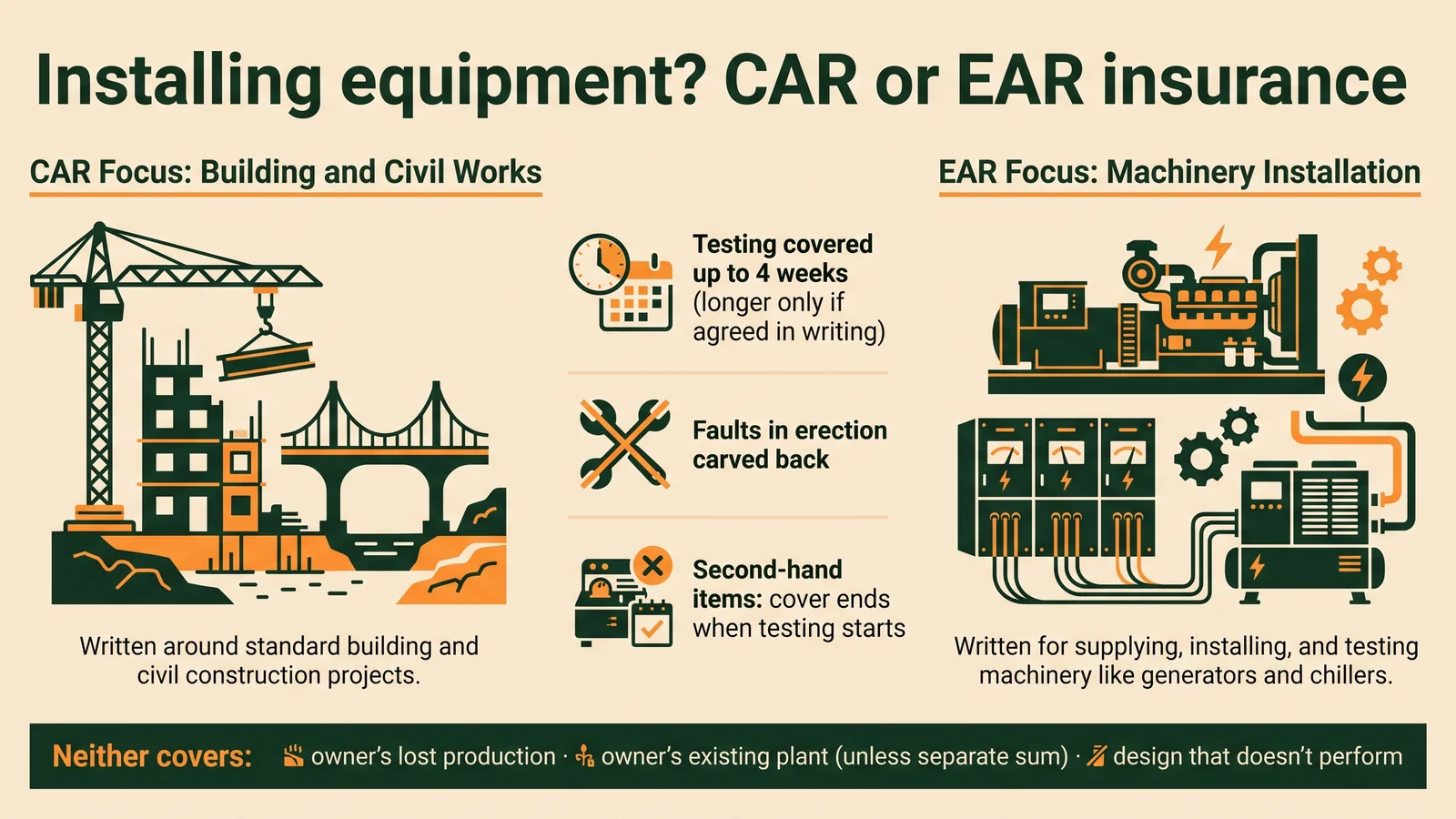 Installing equipment? CAR or EAR insurance. CAR is written around building and civil works; EAR is written for supplying, installing and testing machinery such as generators and chillers. Three EAR differences: testing covered up to 4 weeks (longer only if agreed in writing); faults in erection carved back; second-hand items lose cover when testing starts. Neither covers the owner's lost production, the owner's existing plant unless a separate sum is insured, or a design that doesn't perform.
