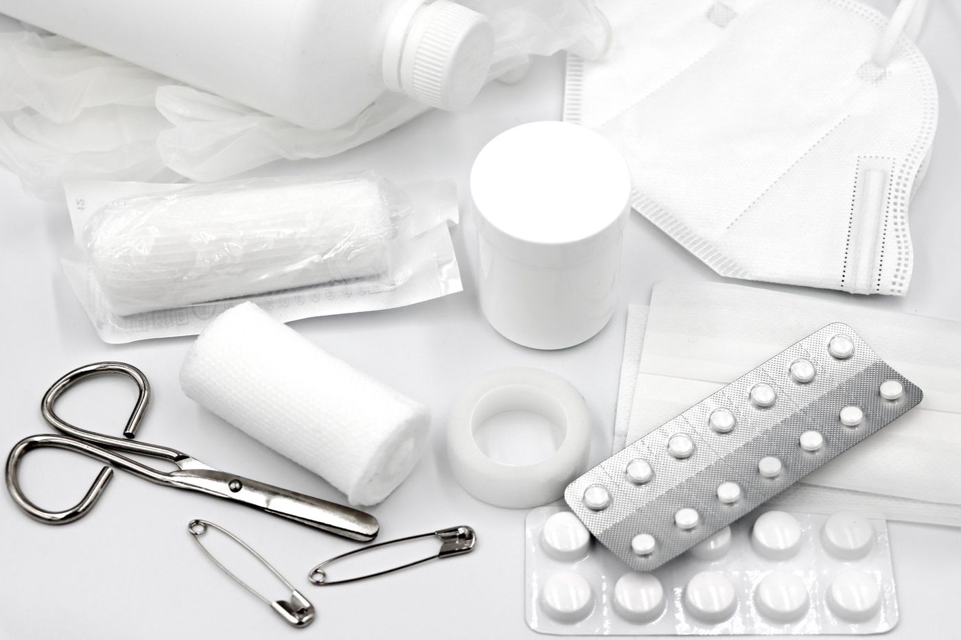 First-aid supplies on a white table